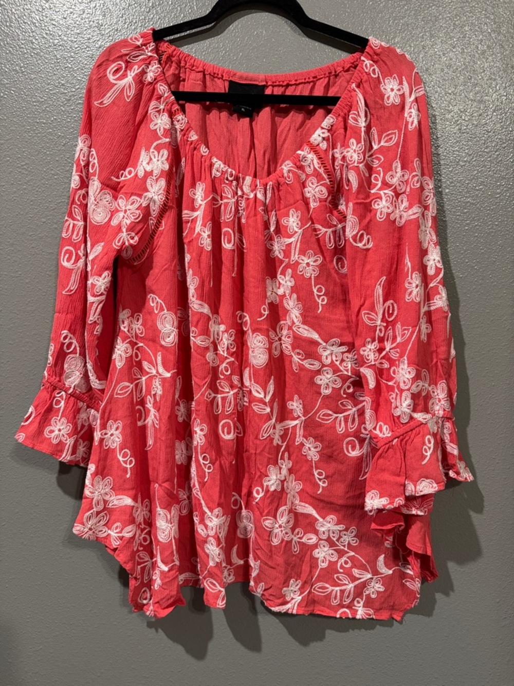 Coral/Peach Floral Embroidered Flowy Blouse